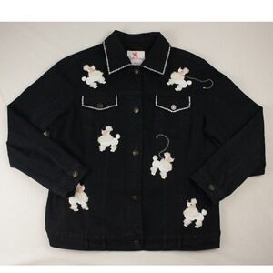 Quacker Factory Black Denim Jacket M Poodle Embroidered Rhinestone Novelty